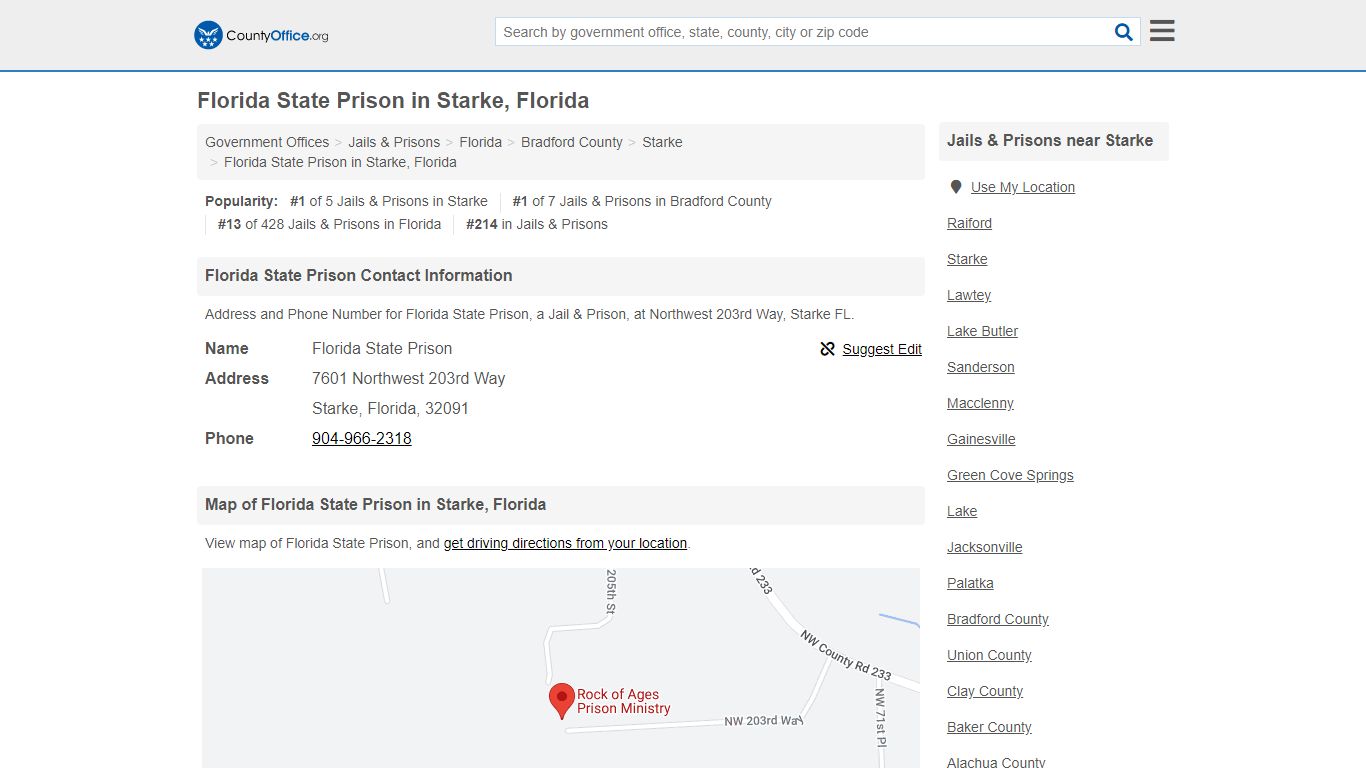 Florida State Prison - Starke, FL (Address and Phone) - County Office